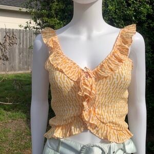 NWT PALOMA Blue Ali Print Ruffle Flutter Sleeve Hi Lo Crop Top